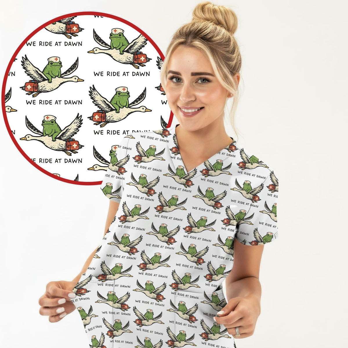 Frog Riding Goose Nurse Scrub Top