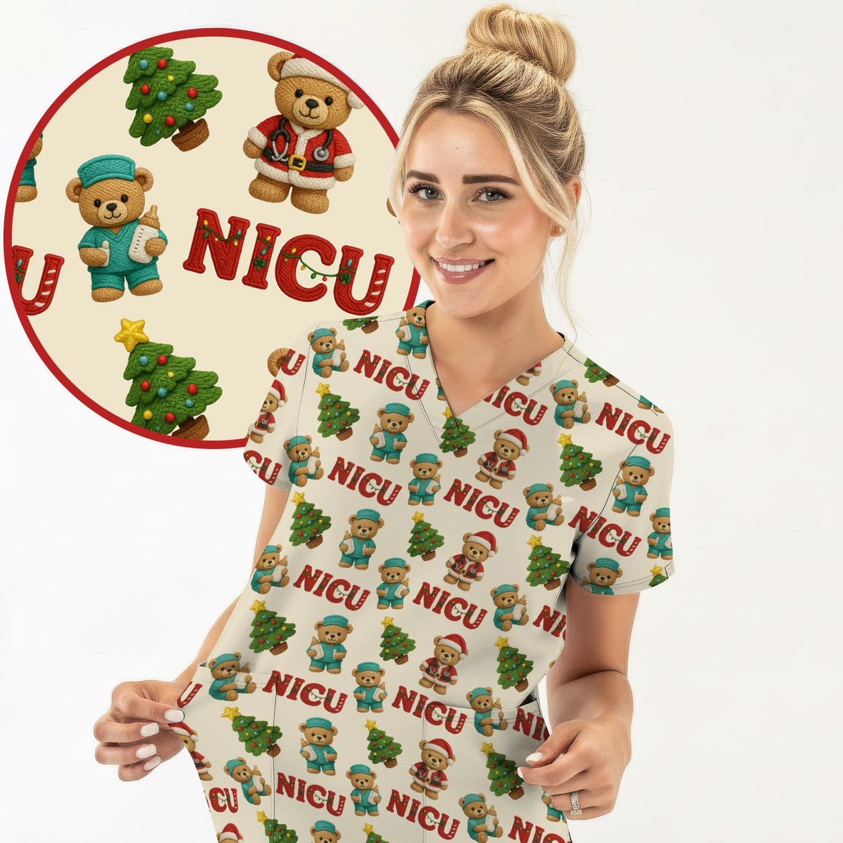 NICU Nurse Teddy Bear Scrub Top - Christmas Gift