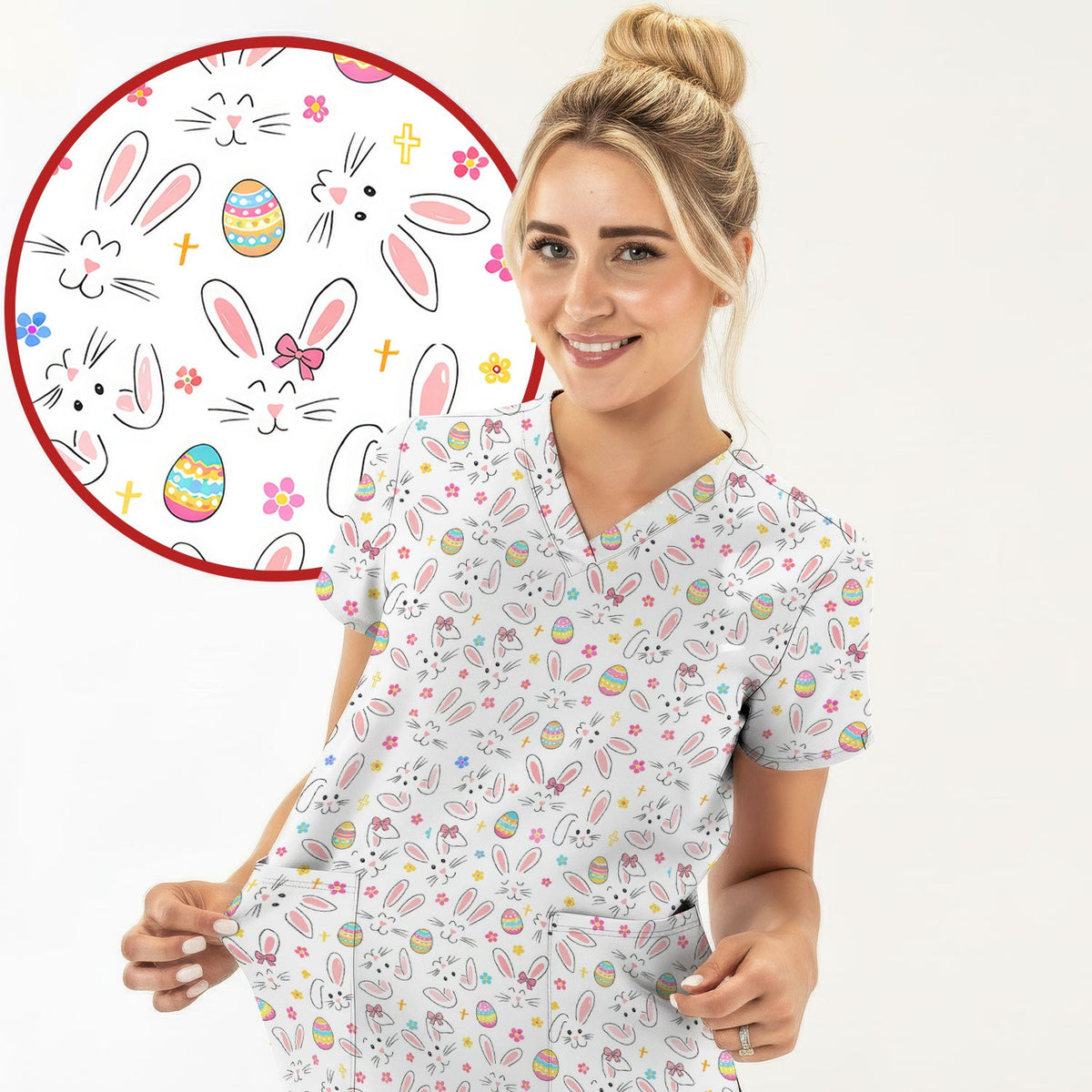 Bunny Faces Pastel Egg Nurse Scrub Top - Easter Gift