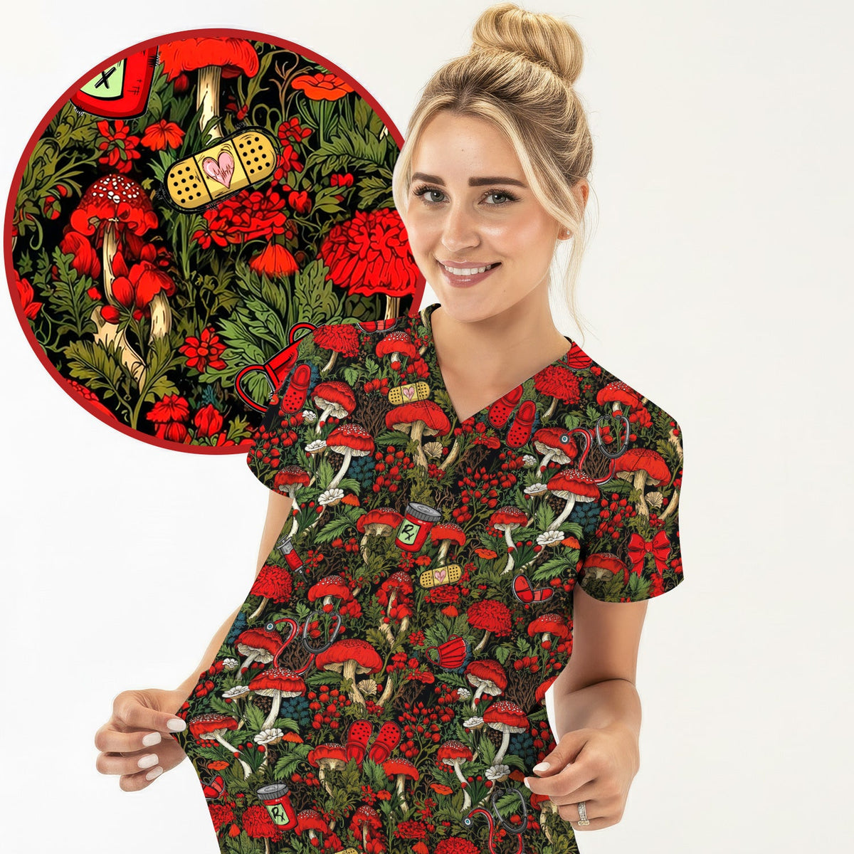 Red Mushroom Forest Nurse Scrub Top