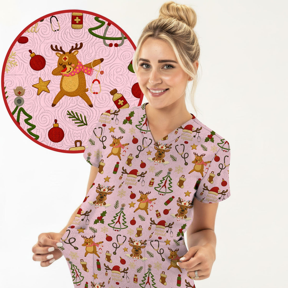Christmas Reindeer Scrub Top - Cute Holiday Nurse Scrubs with Reindeer Print - Funny Xmas Medical Scrub Shirt Gift for Women CNA RN Doctor