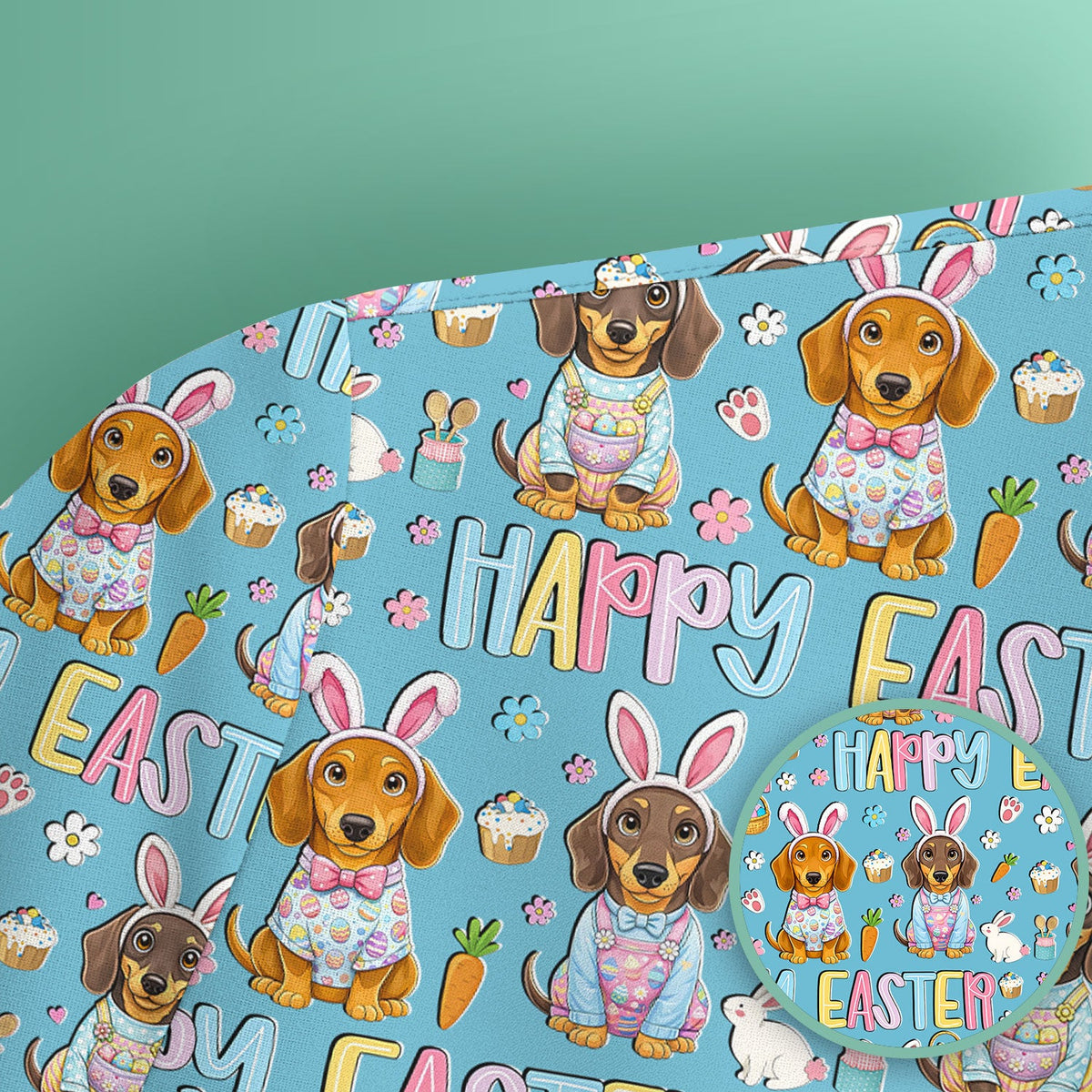 Happy Easter Dachshund Bunny Print Scrub Top, Comfortable Scrubs for Nurses
