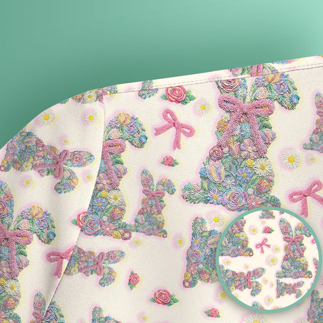 Colorful Floral Bunny Pink Bow Nurse Scrub Top - Easter Gift