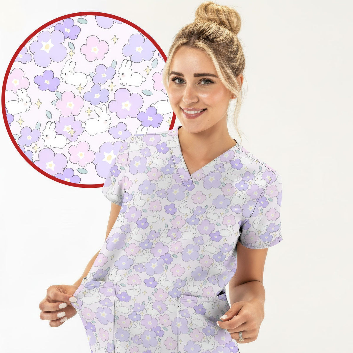 Bunny Floral Pastel Nurse Scrub Top