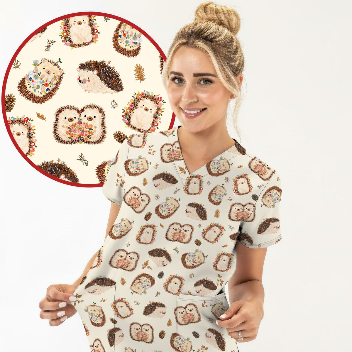 Hedgehog Floral Nurse Scrub Top