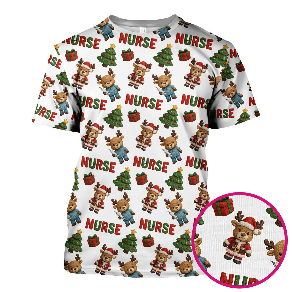 Reindeer Christmas Scrub Top, Cute Holiday Nurse Scrub Shirt, Festive Pattern Nursing Uniform