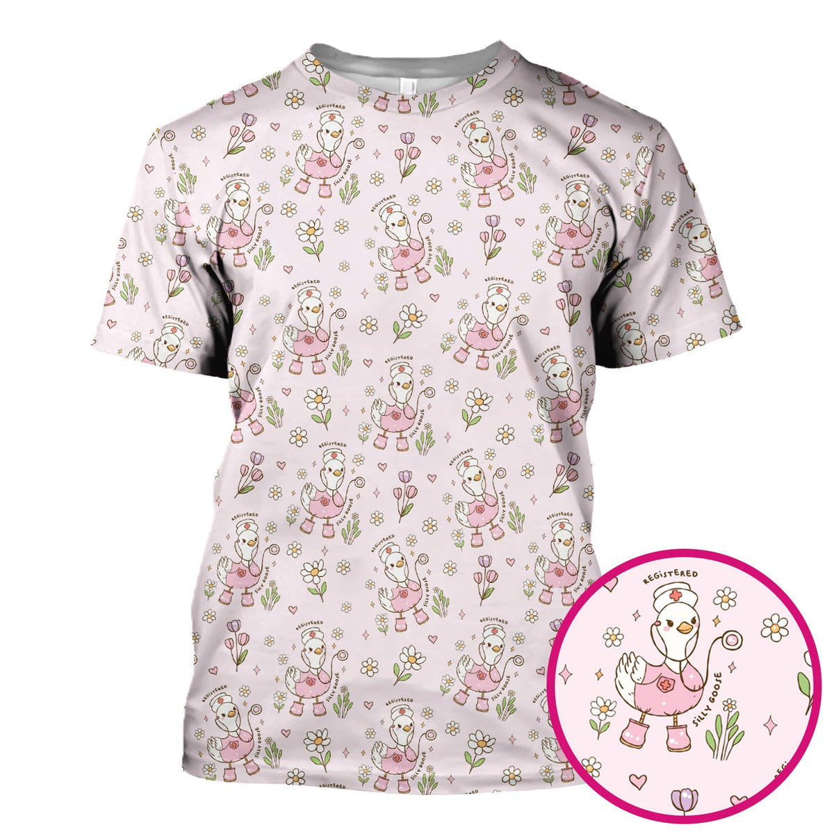 Funny Nurse Goose Daisy Print Scrub Top, Breathable Fabrics Nursing Uniform