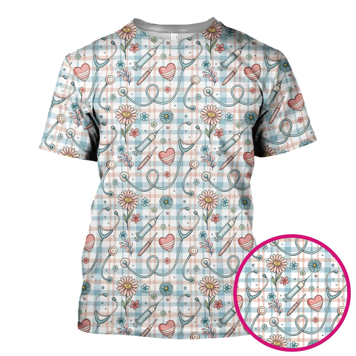 Stethoscope Heart Syringe Floral Plaid Nurse Scrub Top