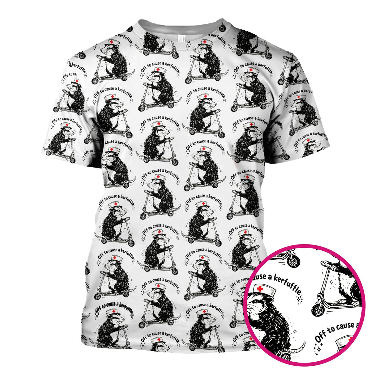Funny Opossum Nurse Riding Scooter Pattern Scrubs Top, Breathable Fabrics Nursing Uniform