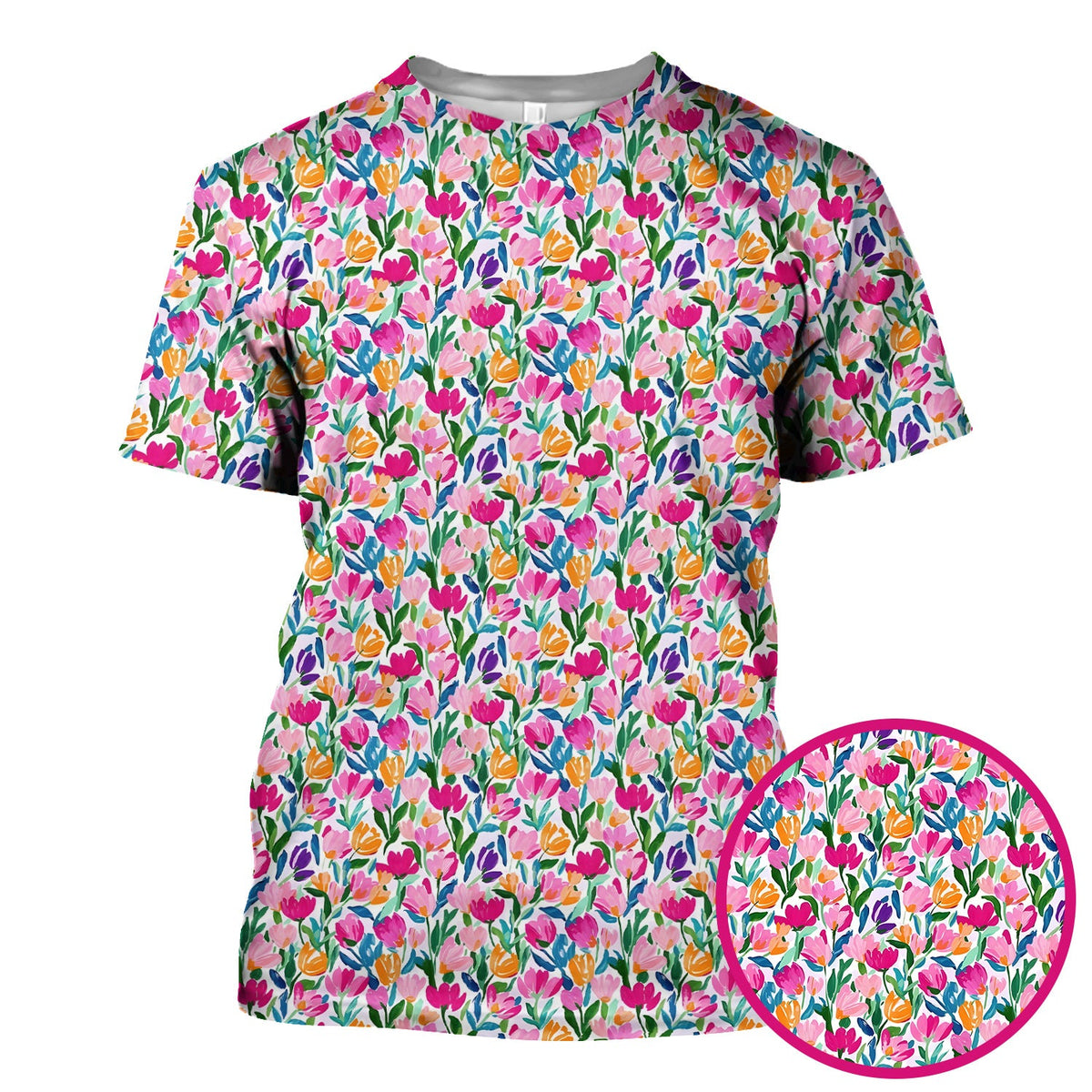 Vibrant Tulip Meadow Pattern Scrub Top, Breathable Fabrics Nursing Uniform