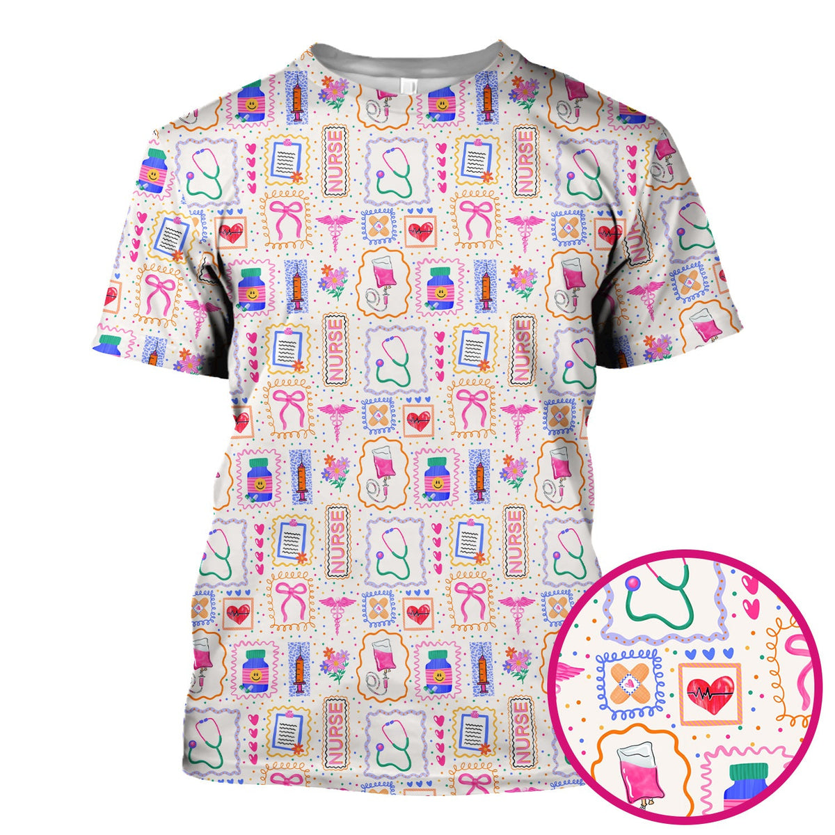 Colorful Nurse Medical Icon Pattern Scrub Top, Comfortable Scrubs for Nurses