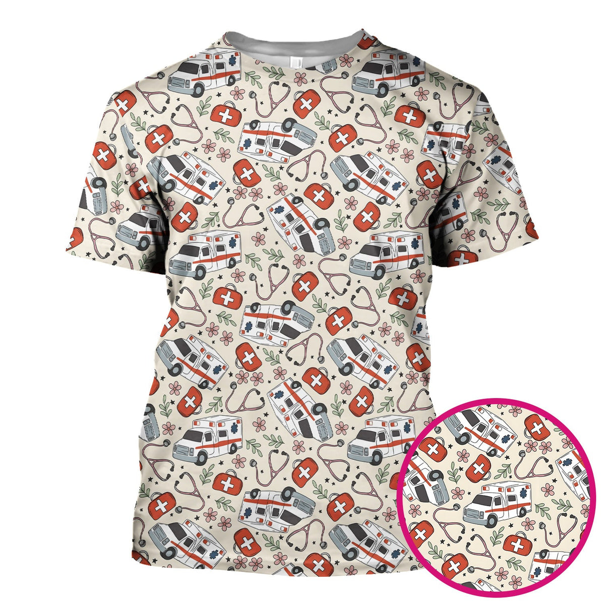 Ambulance Stethoscope First Aid Floral Nurse Scrub Top