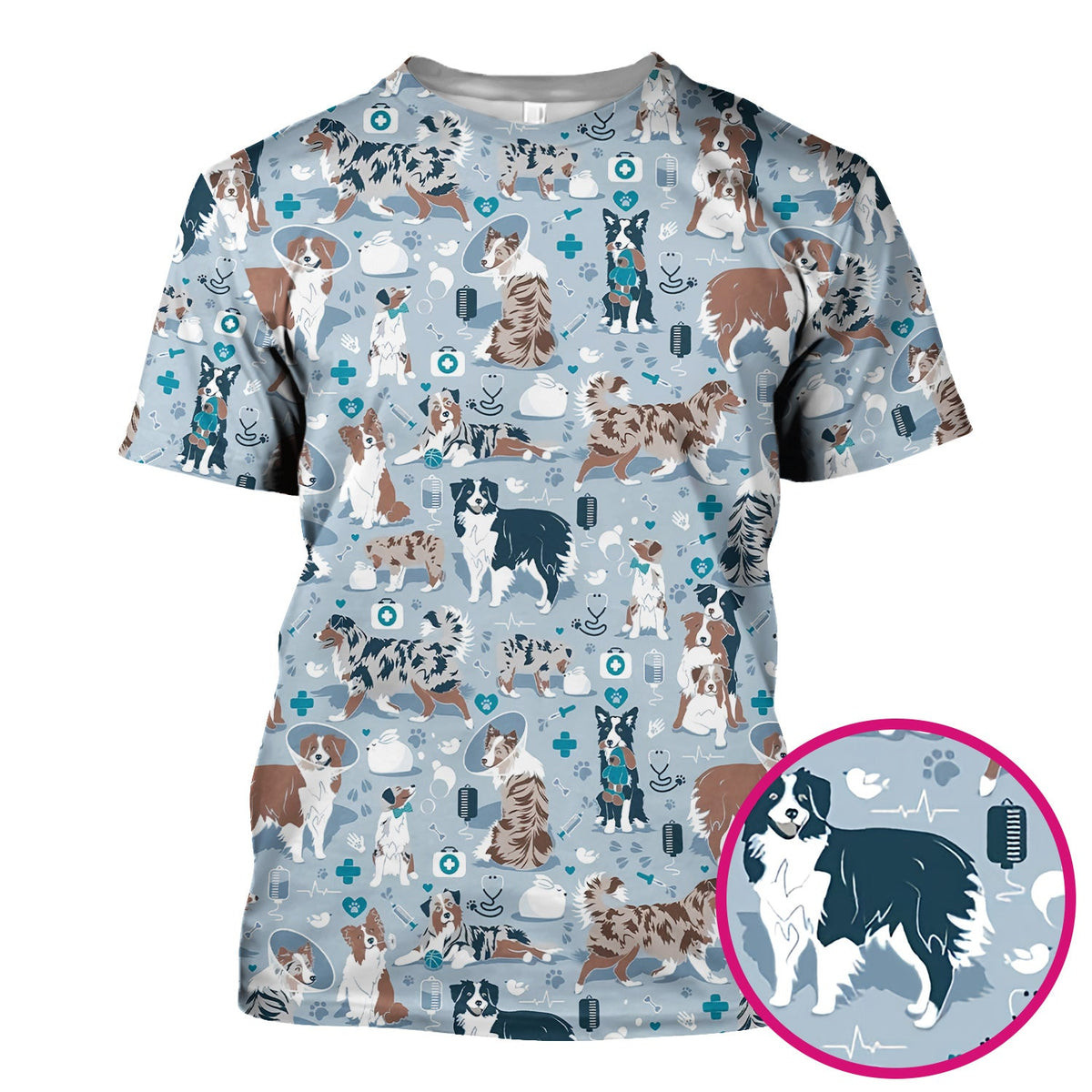 Cute Dog Pattern Veterinary Scrub Top, Breathable Fabrics Nursing Uniform