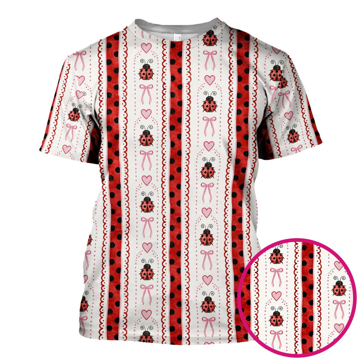 Ladybug Heart Bow Stripe Nurse Scrub Top