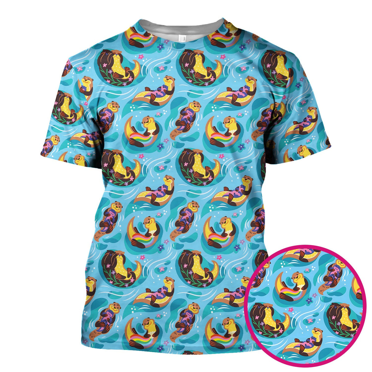 Otter Floating River Rainbow Pattern Scrub Top, Comfortable Scrubs for Nurses
