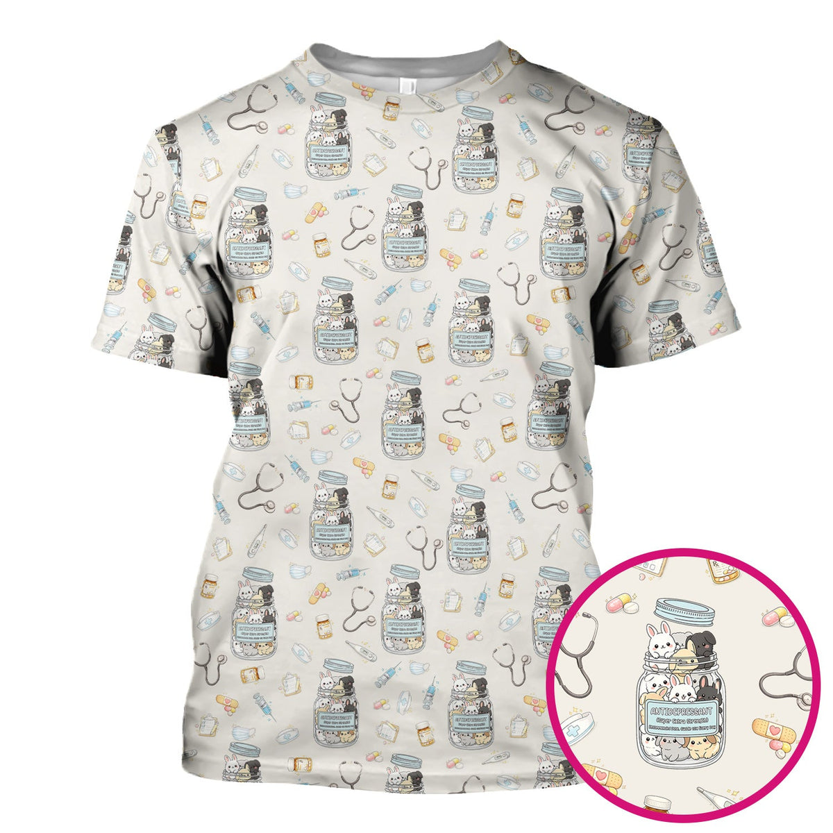 Whimsical Antidepressant Rabbit Jar Nurse Scrub Top