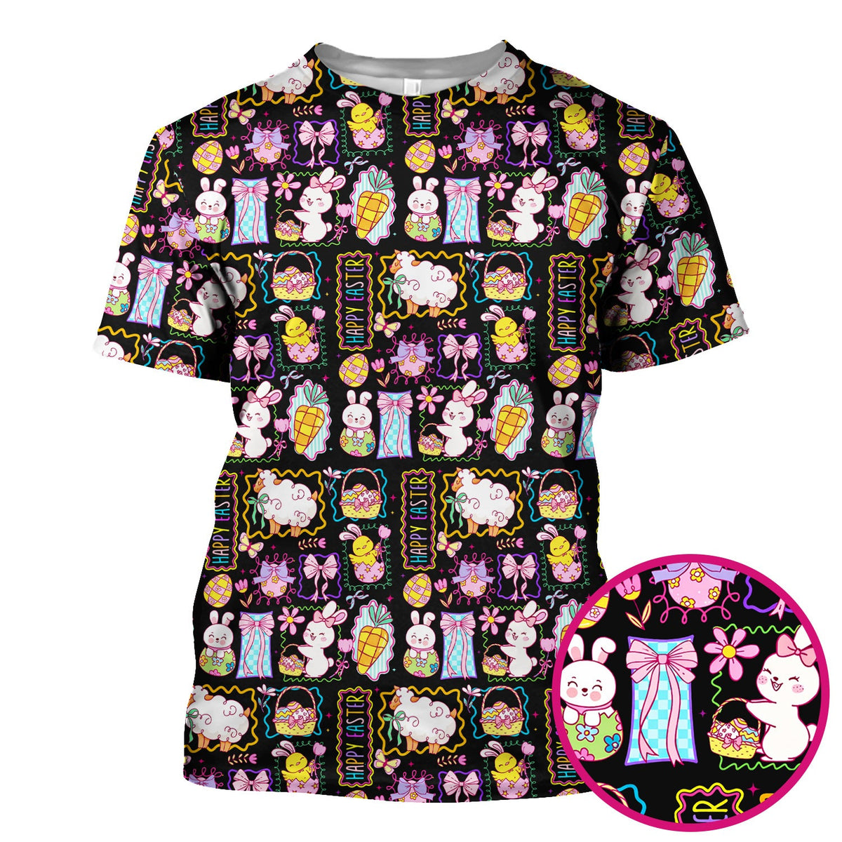 Cute Easter Bunny Egg and Bow Print Scrub Top, Breathable Fabrics Nursing Uniform