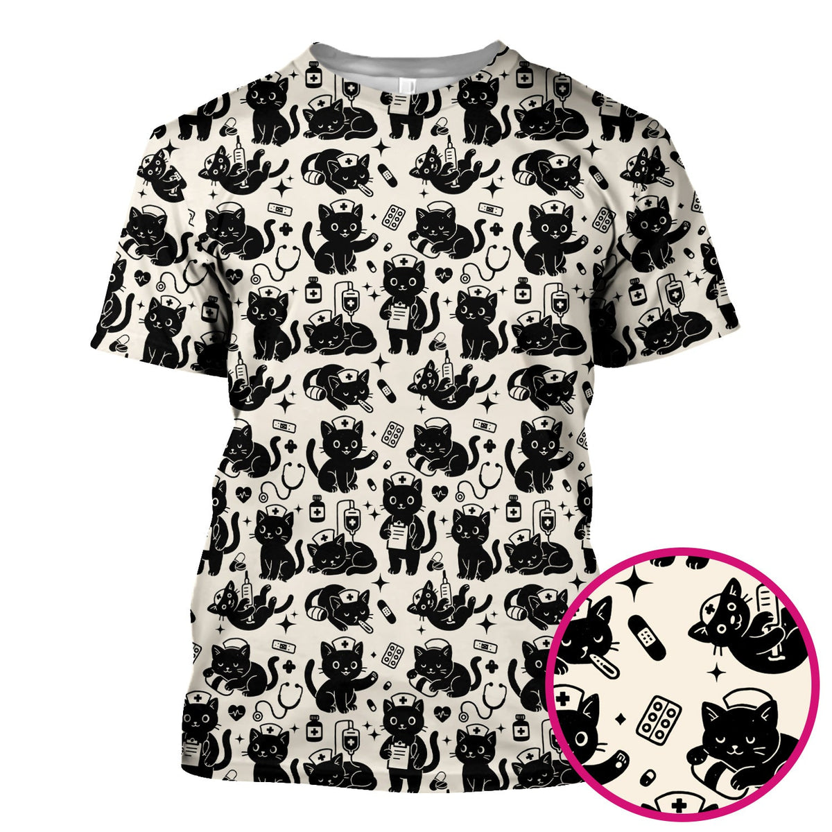 Cute Black Cat Nurse Pattern Scrub Top, Breathable Fabrics Nursing Uniform