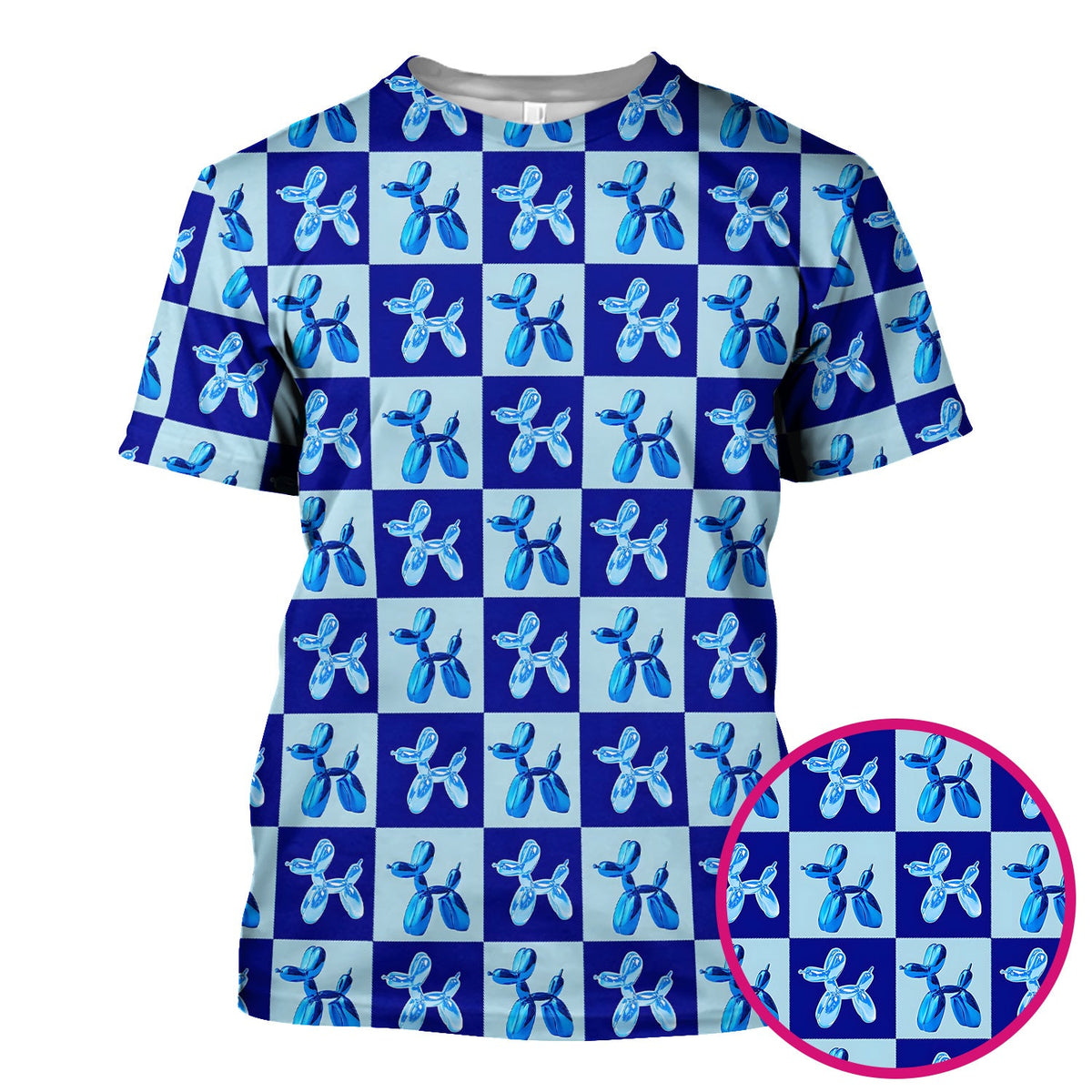 Cute Blue Balloon Dog Checkered Nurse Scrub Top