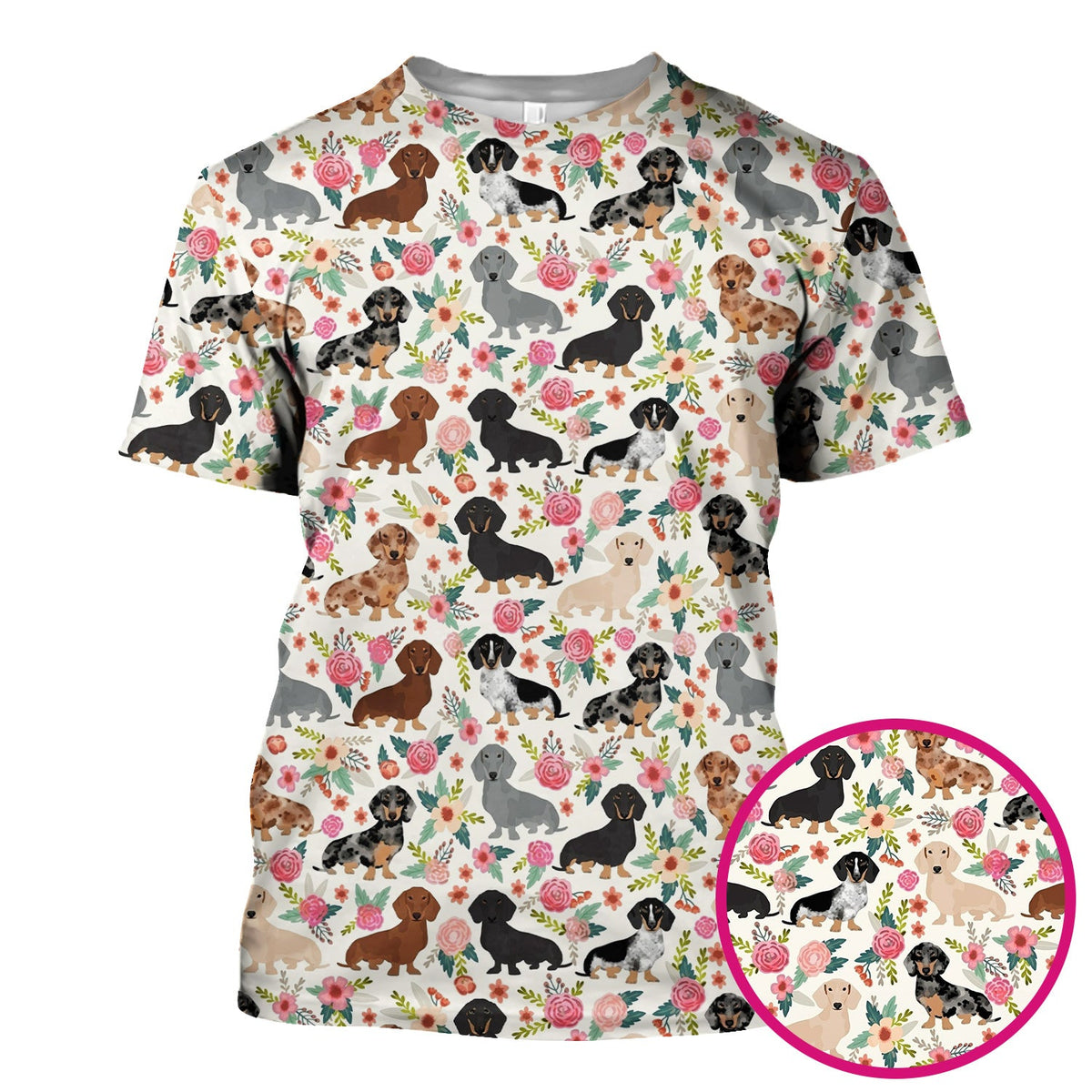 Adorable Dachshund Floral Pattern Scrub Top, Comfortable Scrubs For Nurses
