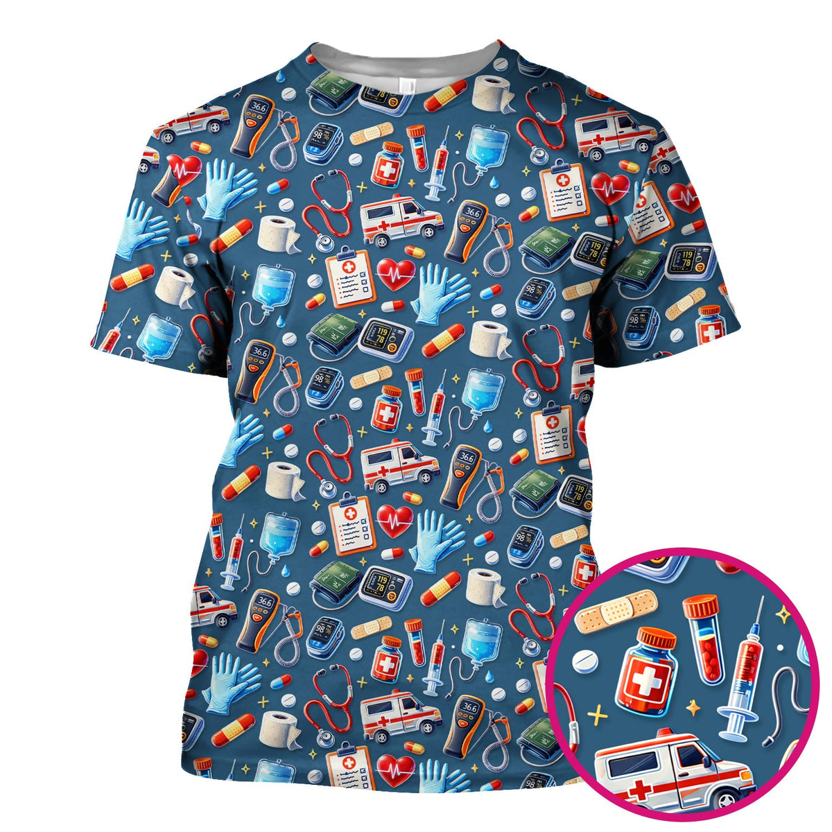 Medical Tools Pattern Ambulance Stethoscope Scrub Top, Comfortable Scrubs for Nurses