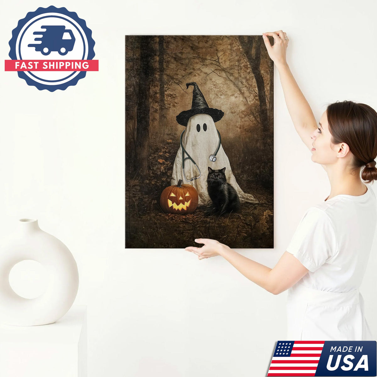Ghost Pumpkin Black Cat Nurse Canvas - Halloween Gift