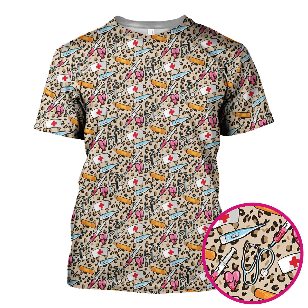 Leopard Medical Tools Pink Heart Nurse Scrub Top