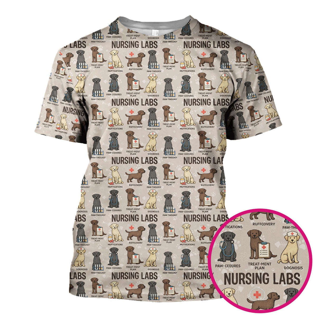 Playful Nursing Labs Dog Pattern Scrub Top, Comfortable Scrubs for Nurses