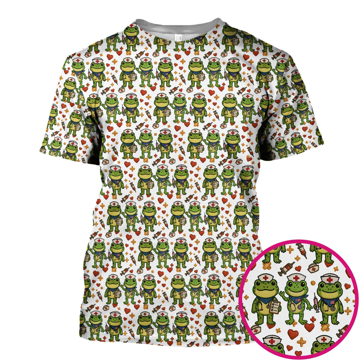 Frog Pattern Scrub Top, Cute Frog Scrub Shirt, Breathable Fabrics Nursing Uniform
