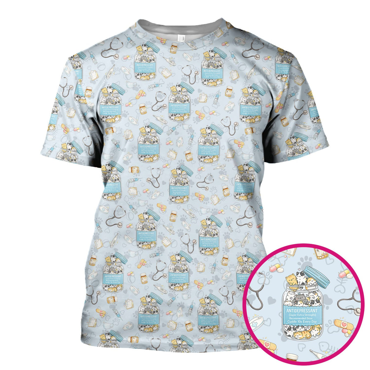 Cute Antidepressant Cat Jar Print Nurse Scrub Top, Breathable Fabrics Nursing Uniform