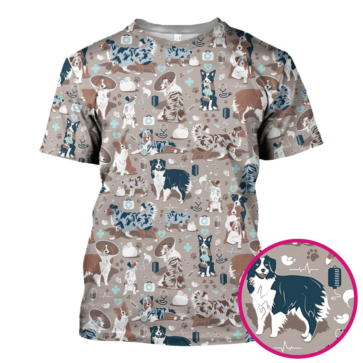 Cute Dog Pattern Veterinary Scrub Top, Breathable Fabrics Nursing Uniform