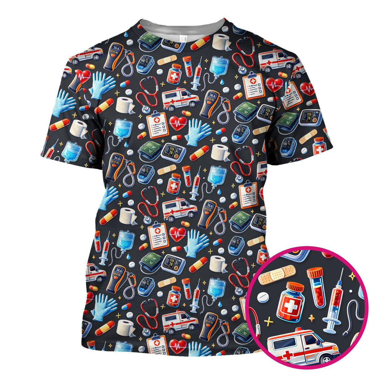 Medical Tools Pattern Ambulance Stethoscope Scrub Top, Comfortable Scrubs for Nurses