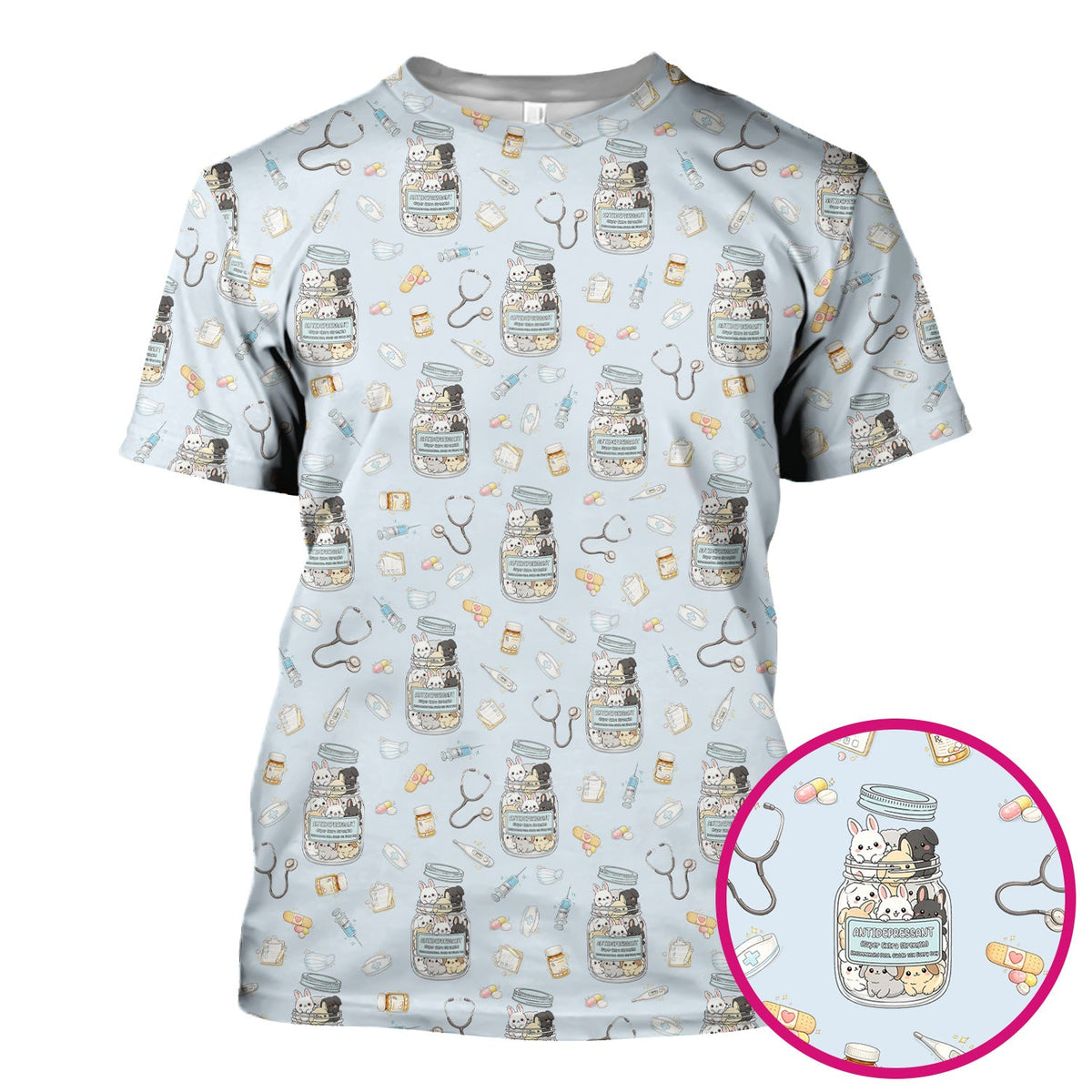 Whimsical Antidepressant Rabbit Jar Nurse Scrub Top