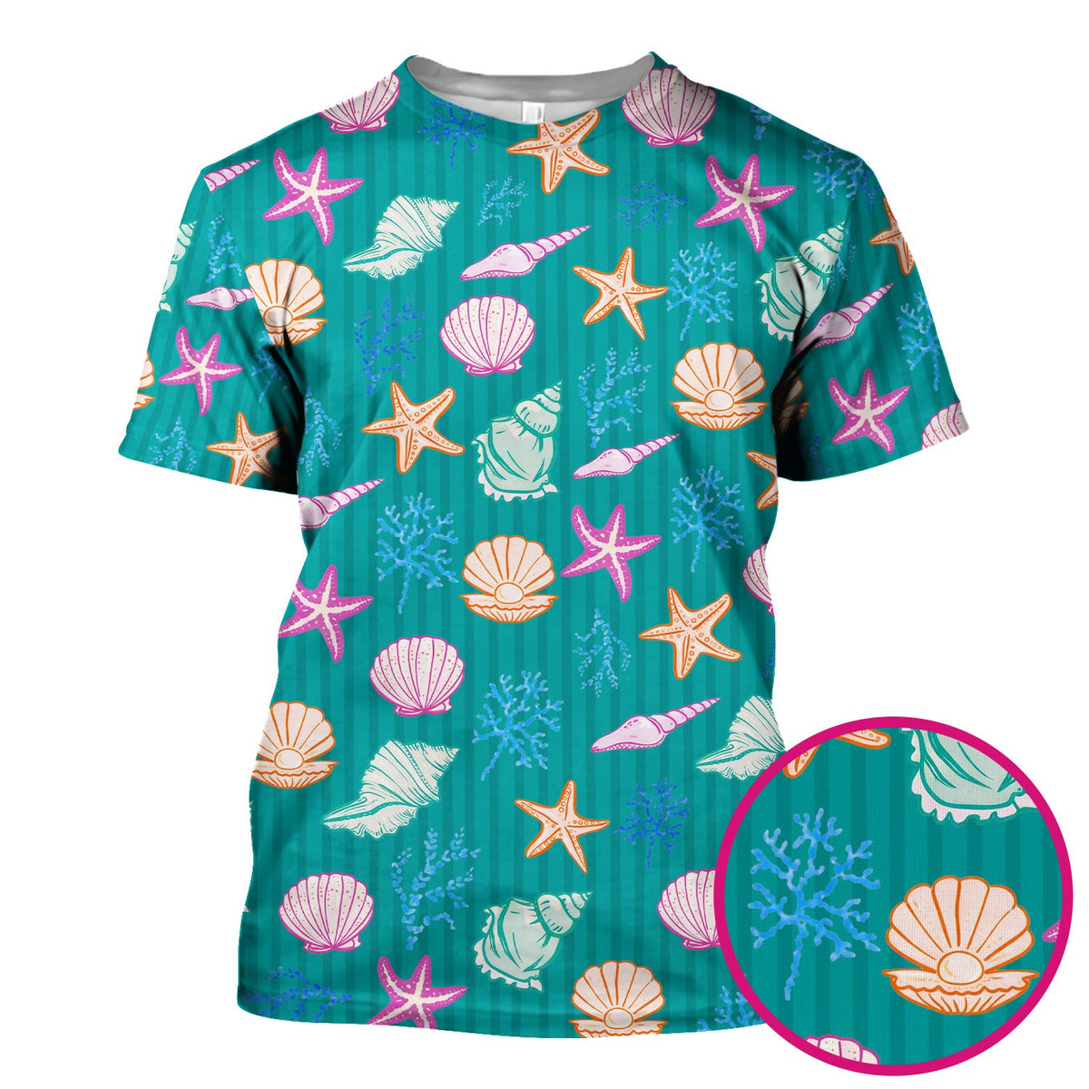 Colorful Seashell Starfish Ocean Stripe Nurse Scrub Top