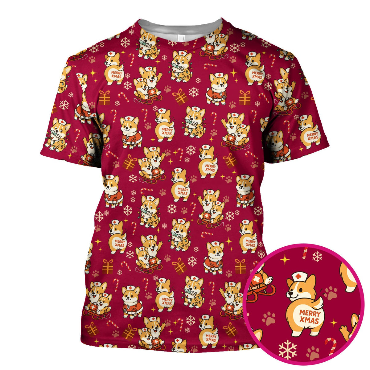 Cute Corgi Dog Scrubs for Christmas - Festive Puppy Pattern Medical Scrub Top - Holiday Christmas Scrubs with Charming Corgi Print