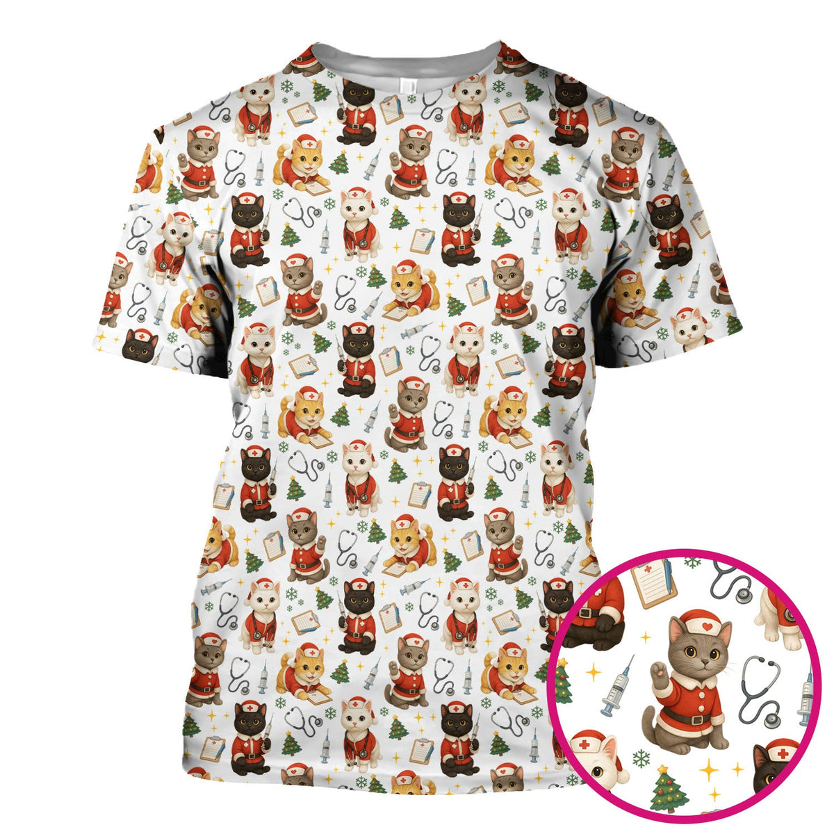 Funny Nurse Scrub Top for Women - Christmas Lucky Cat Design - Cute Holiday Nursing Shirt Gift for RN LPN CNA
