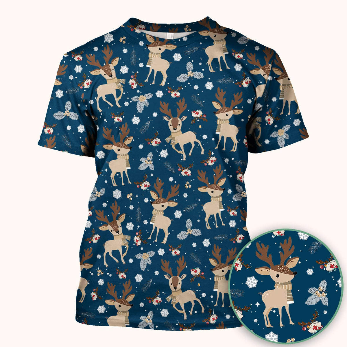 Reindeer Christmas Scrub Top - Cozy Beige Holiday Nurse Shirt with Cute Deer Pattern - Festive Medical Scrubs for Women RN CNA LPN