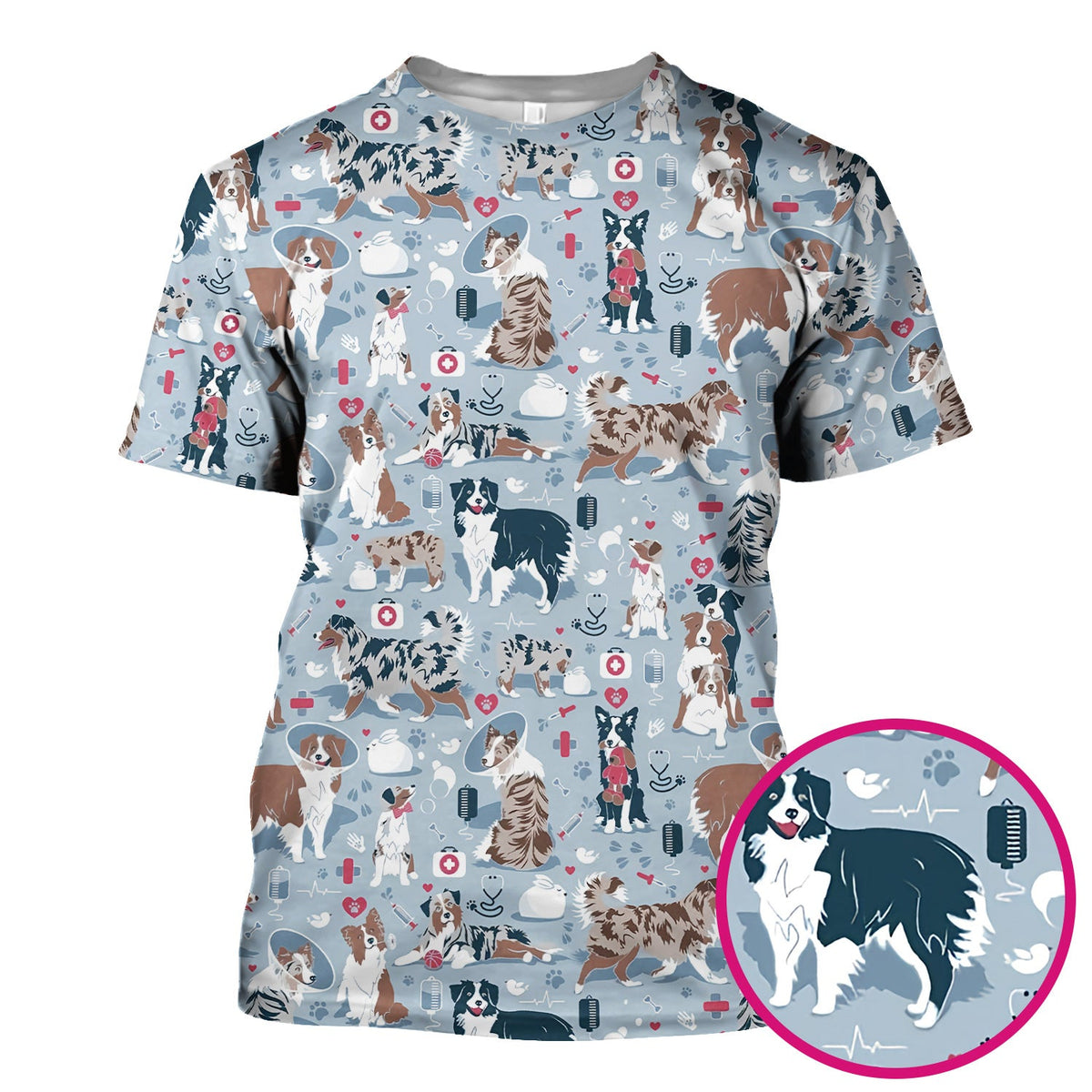 Cute Dog Pattern Veterinary Scrub Top, Breathable Fabrics Nursing Uniform