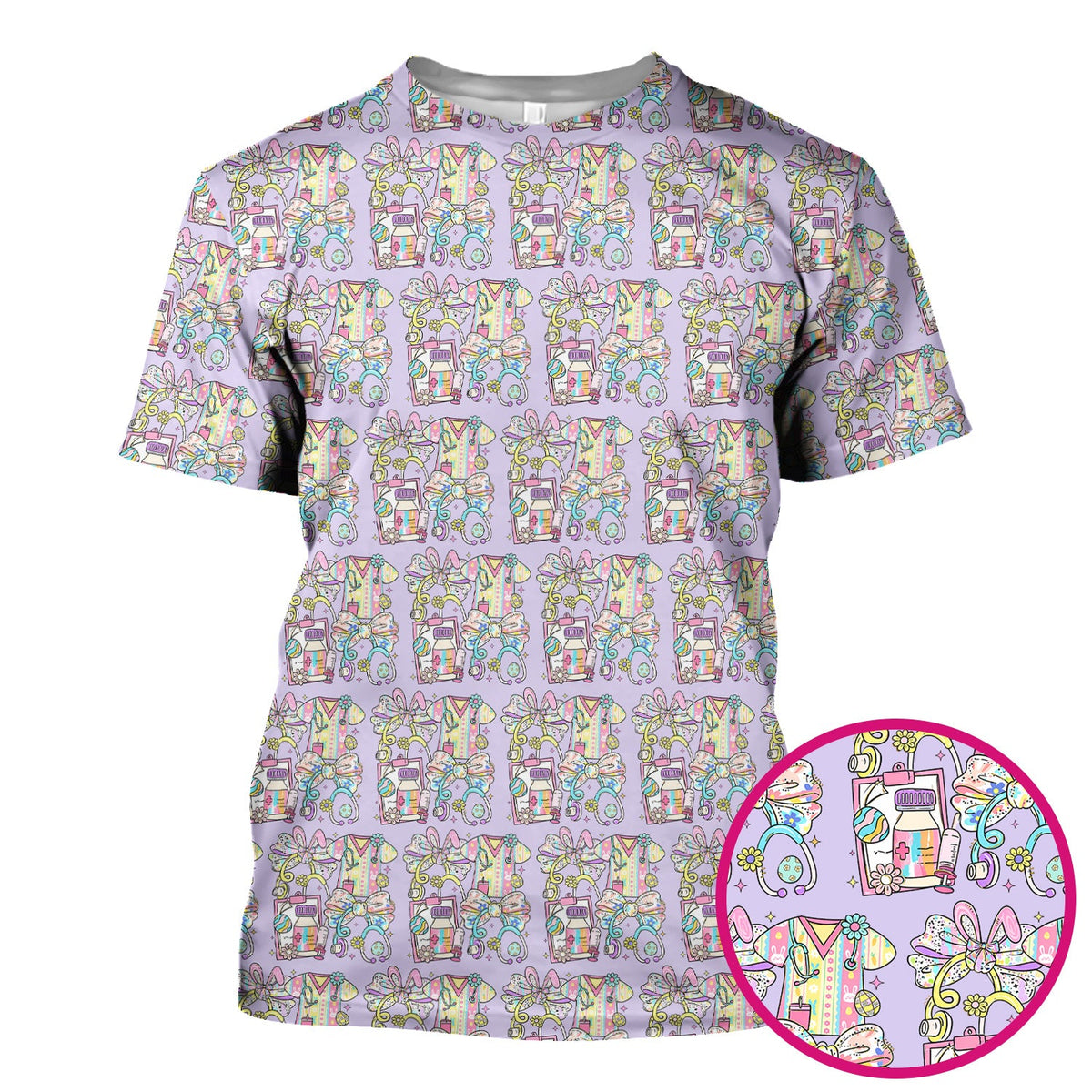 Colorful Nurse Scrub Supplies Pattern Scrub Top, Breathable Fabrics Nursing Uniform