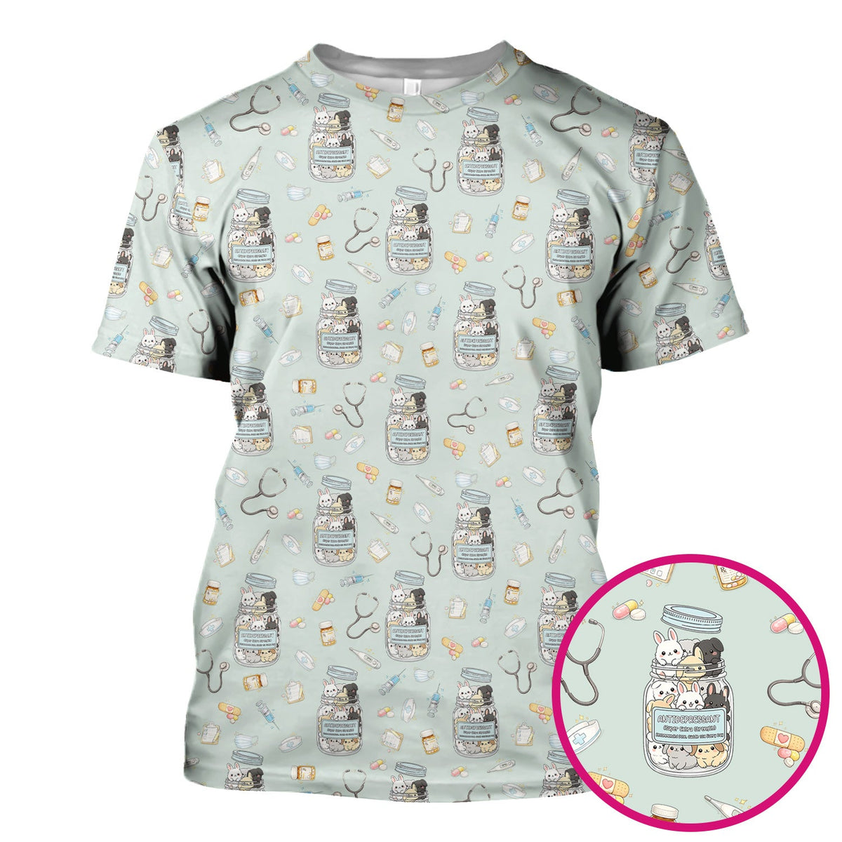 Whimsical Antidepressant Rabbit Jar Nurse Scrub Top
