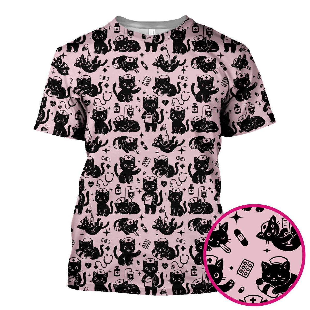 Cute Black Cat Nurse Pattern Scrub Top, Breathable Fabrics Nursing Uniform