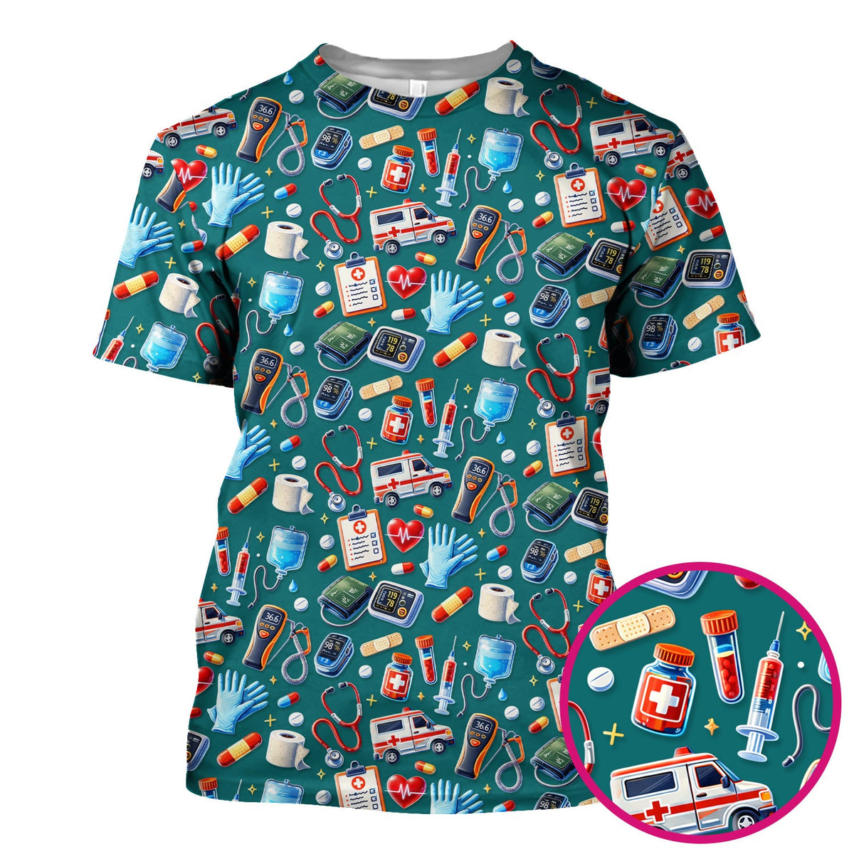 Medical Tools Pattern Ambulance Stethoscope Scrub Top, Comfortable Scrubs for Nurses