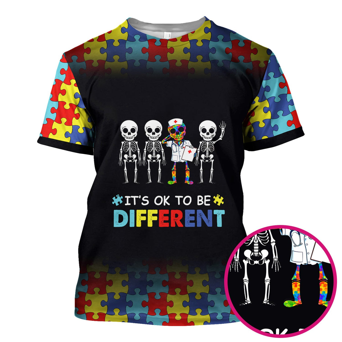 Autism Puzzle Skeleton It's OK To Be Different Nurse Scrub Top