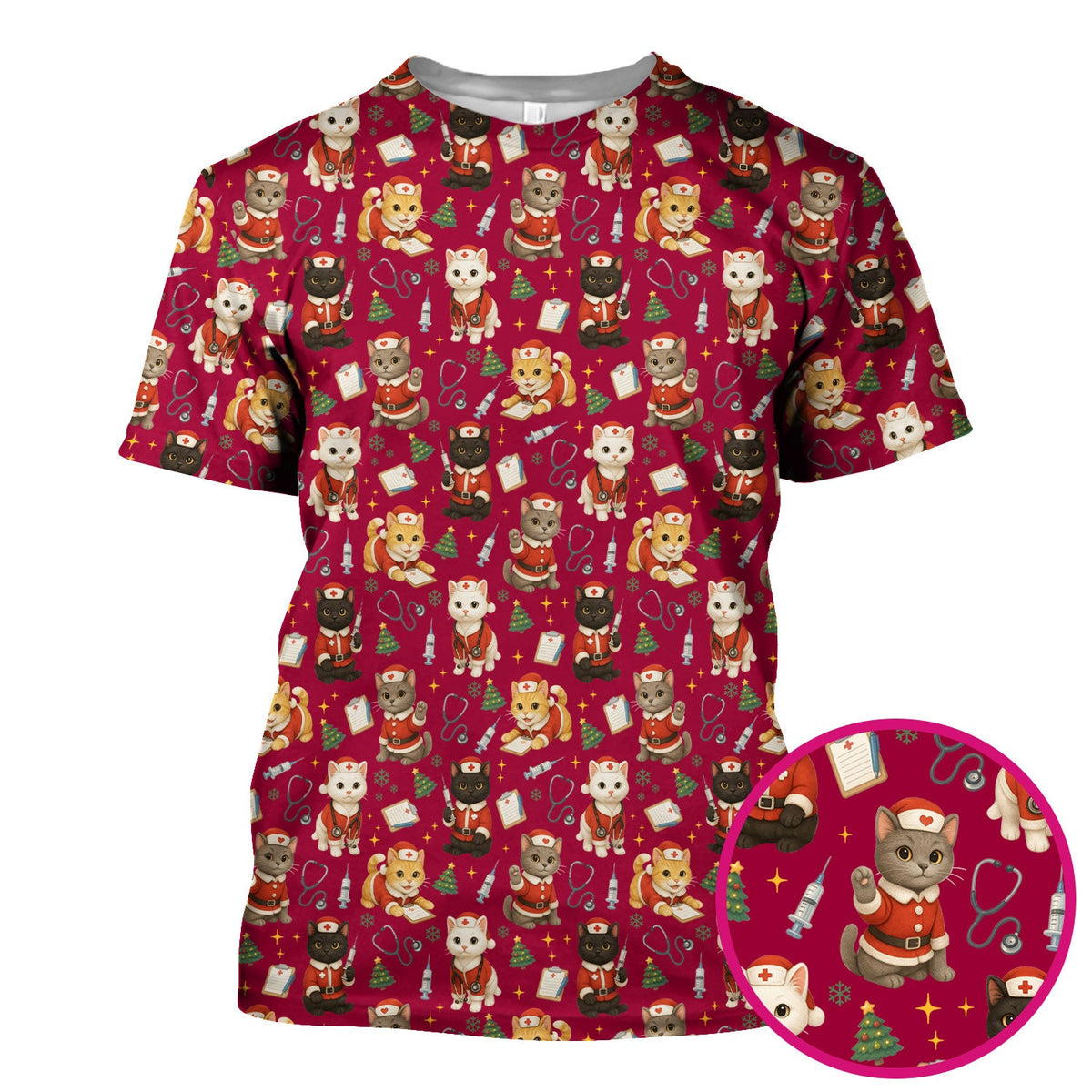Funny Nurse Scrub Top for Women - Christmas Lucky Cat Design - Cute Holiday Nursing Shirt Gift for RN LPN CNA