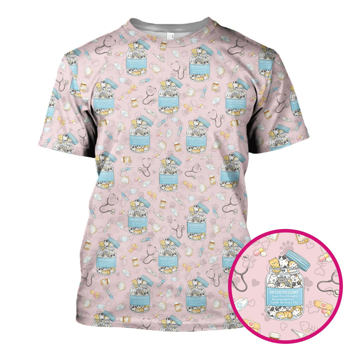 Cute Antidepressant Cat Jar Print Nurse Scrub Top, Breathable Fabrics Nursing Uniform