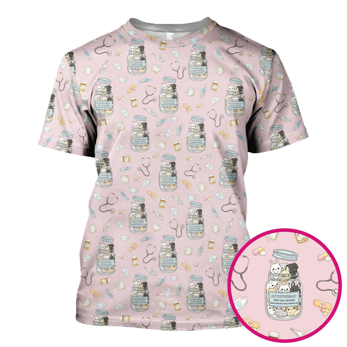 Whimsical Antidepressant Rabbit Jar Nurse Scrub Top