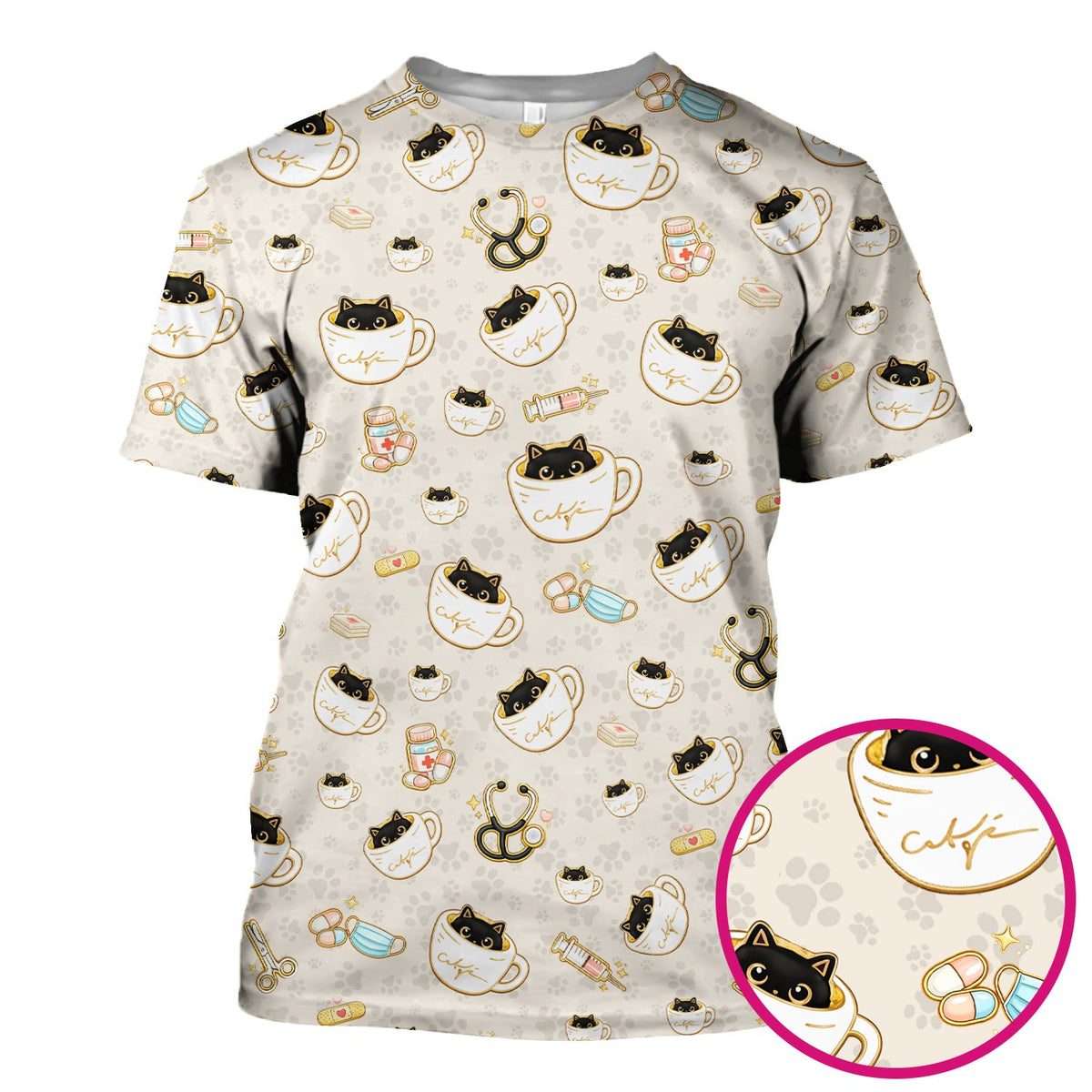 Coffee Cat Nurse Scrub Top