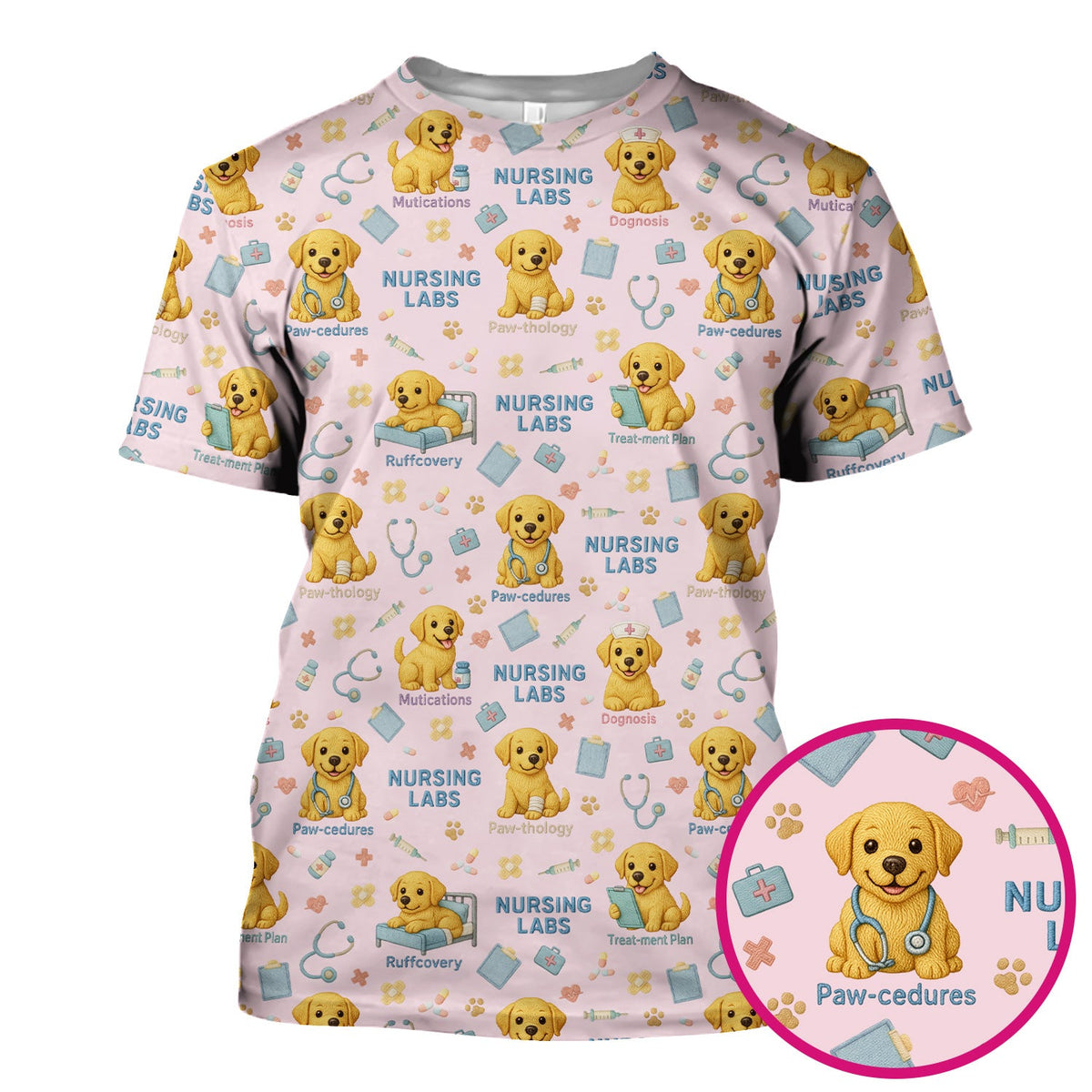 Labrador Nursing Scrub Top, Cute Dog Pattern Nurse Uniform,  Comfortable Scrubs For Nurses