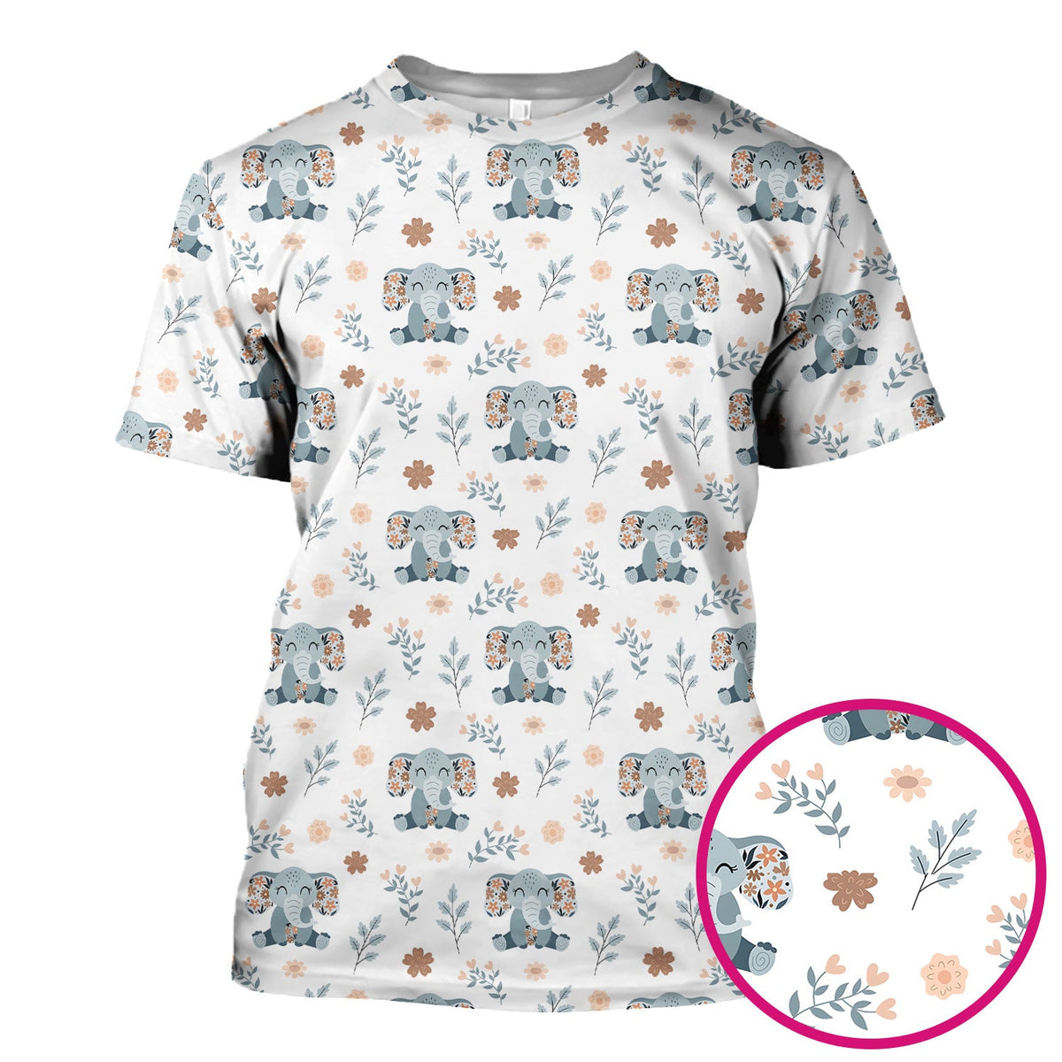 Cute Elephant Floral Print Scrub Top, Comfortable Scrubs for Nurses