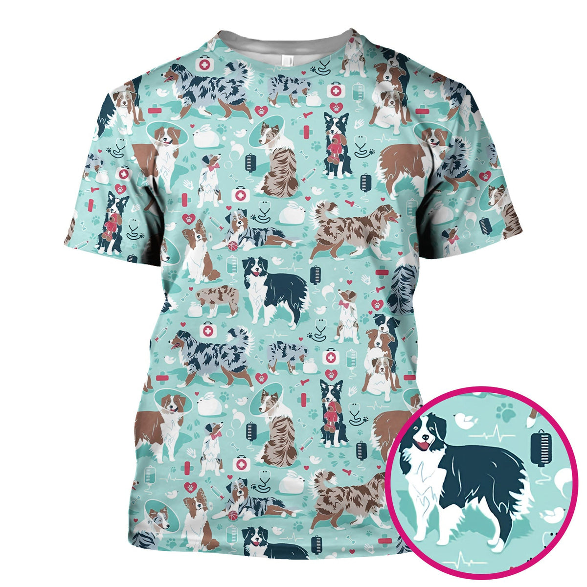 Cute Dog Pattern Veterinary Scrub Top, Breathable Fabrics Nursing Uniform